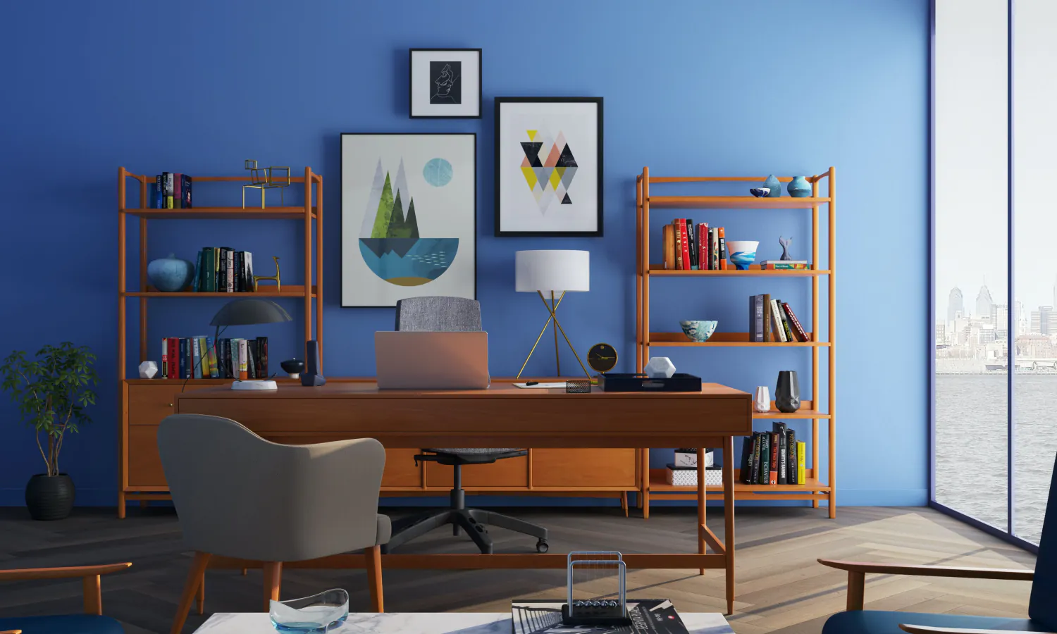 Rendering of a saturated lapis colored room with complementary wood shelving and a desk. Modern geometric artwork is neatly hung